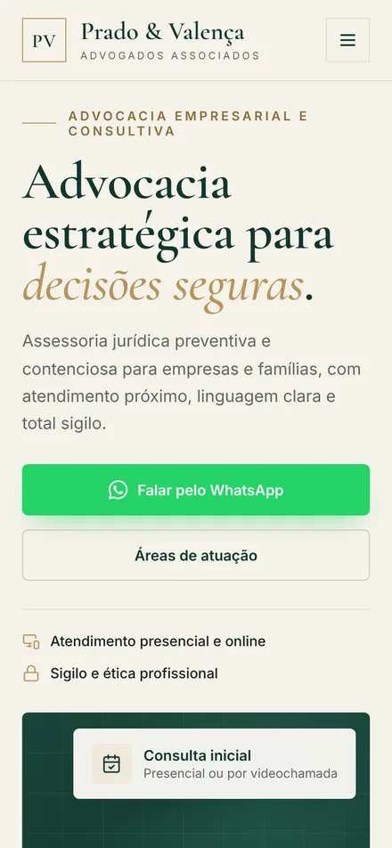Versão para celular do site conceito do escritório Prado e Valença Advogados
