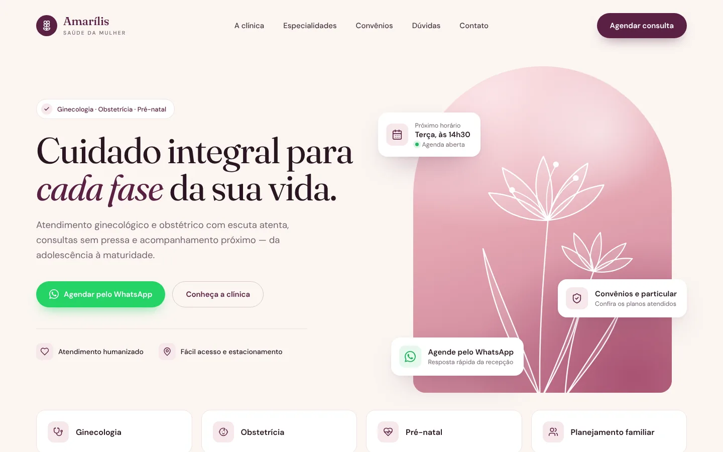Página inicial do site conceito da Clínica Amarílis, de ginecologia e obstetrícia, em tons de rosa e vinho, com botão de agendamento pelo WhatsApp