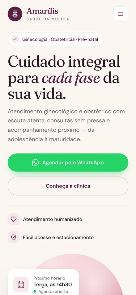 Versão para celular do site conceito da Clínica Amarílis