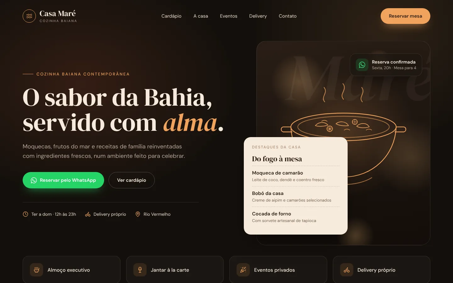 Página inicial do site conceito do restaurante Casa Maré, de cozinha baiana, com visual escuro e detalhes em âmbar